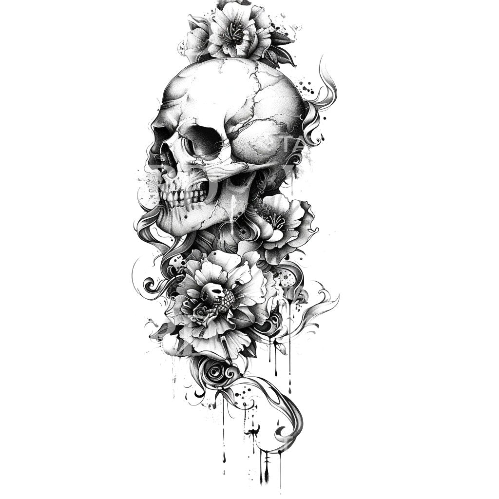Zeitloses Vanity-Tattoo-Design mit Totenkopf und Blumen