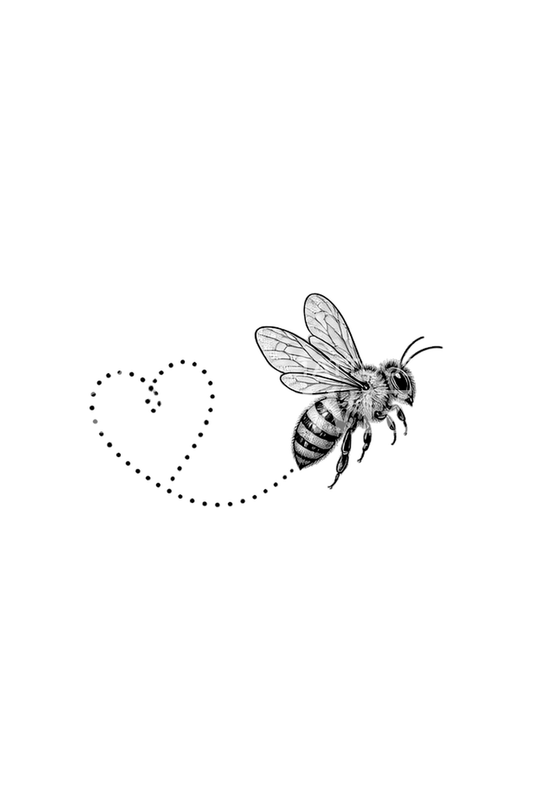 Piccola ape con traiettoria a cuore, tatuaggio fine line