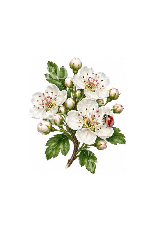 Liten hagtornsblomma med nyckelpiga, mikrorealistisk tatuering