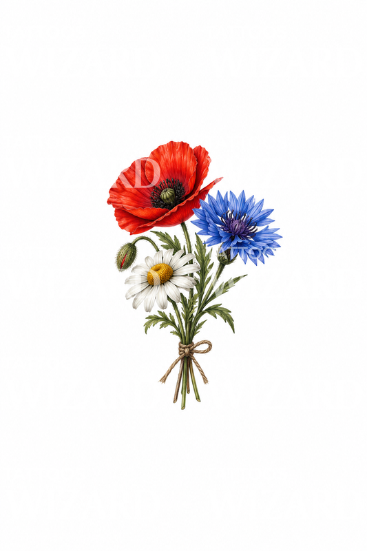 Tattoo-idee met klaproos, korenbloem en kamille