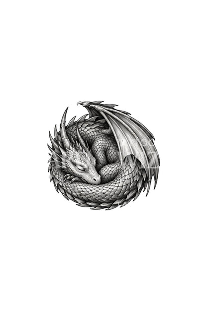 Diseño de microtatuaje de dragón dormido enroscado