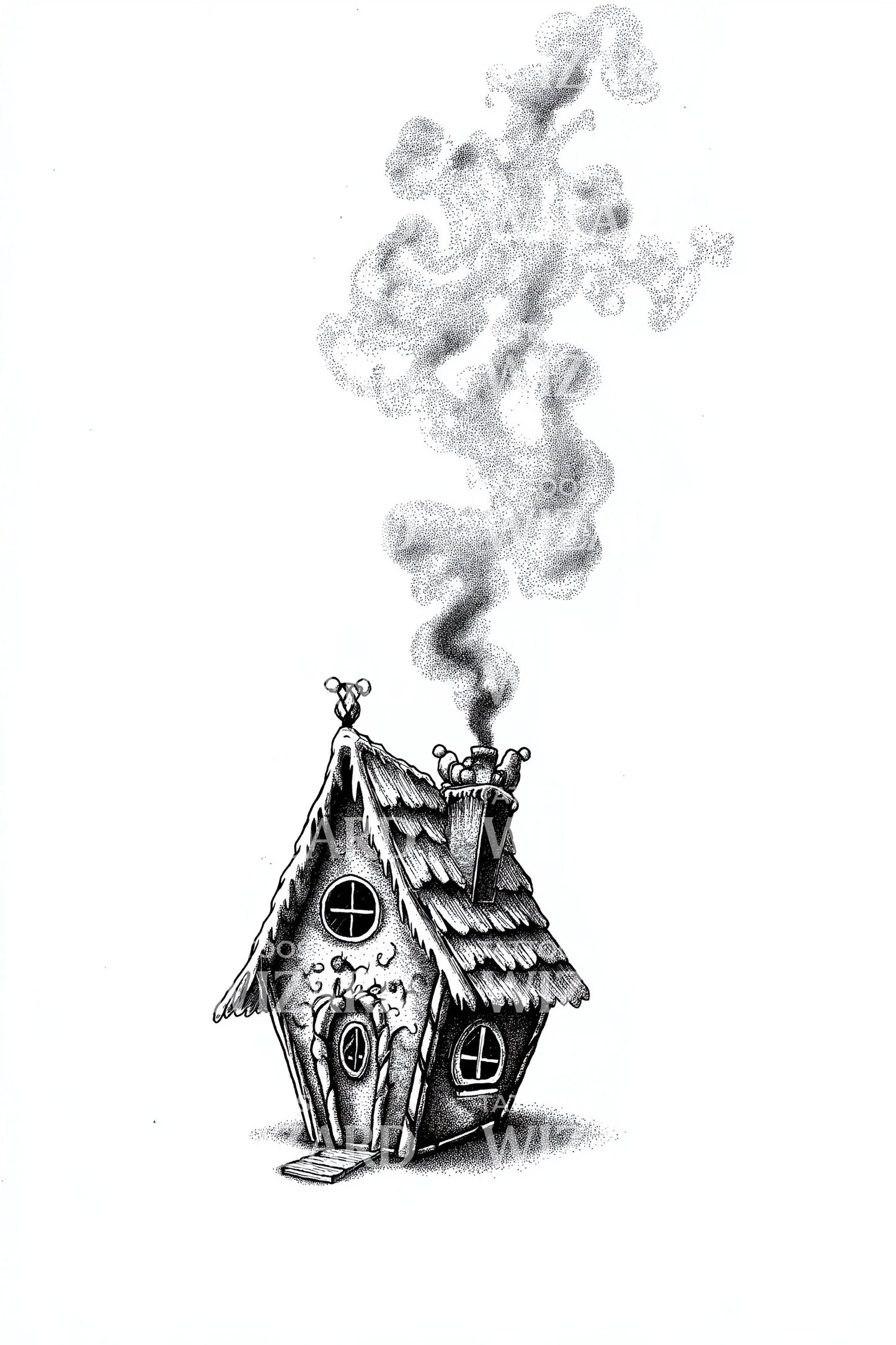 Tiny Smoking Chimney House Tattoo Illustration