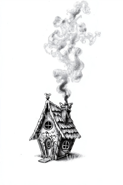 Tiny Smoking Chimney House Tattoo Illustration