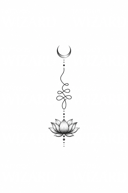 Tiny Unalome with Lotus and Crescent Moon Tattoo