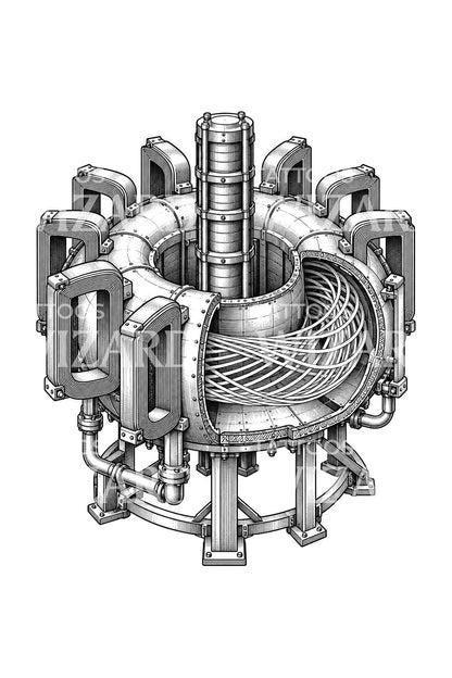 Tokamak-fuusio­reaktorin leikkauskuva tatuointiin