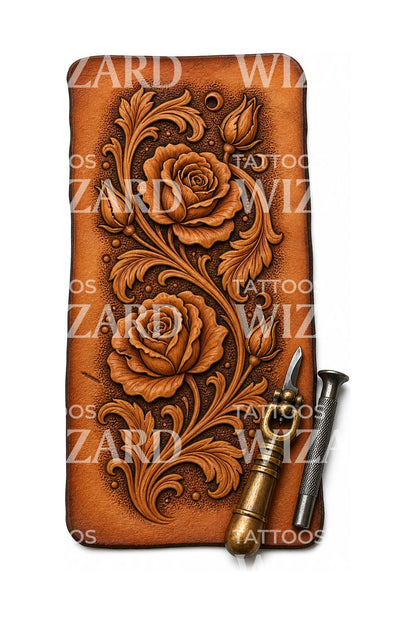 Tooled Leather Rose Panel Tattoo Design