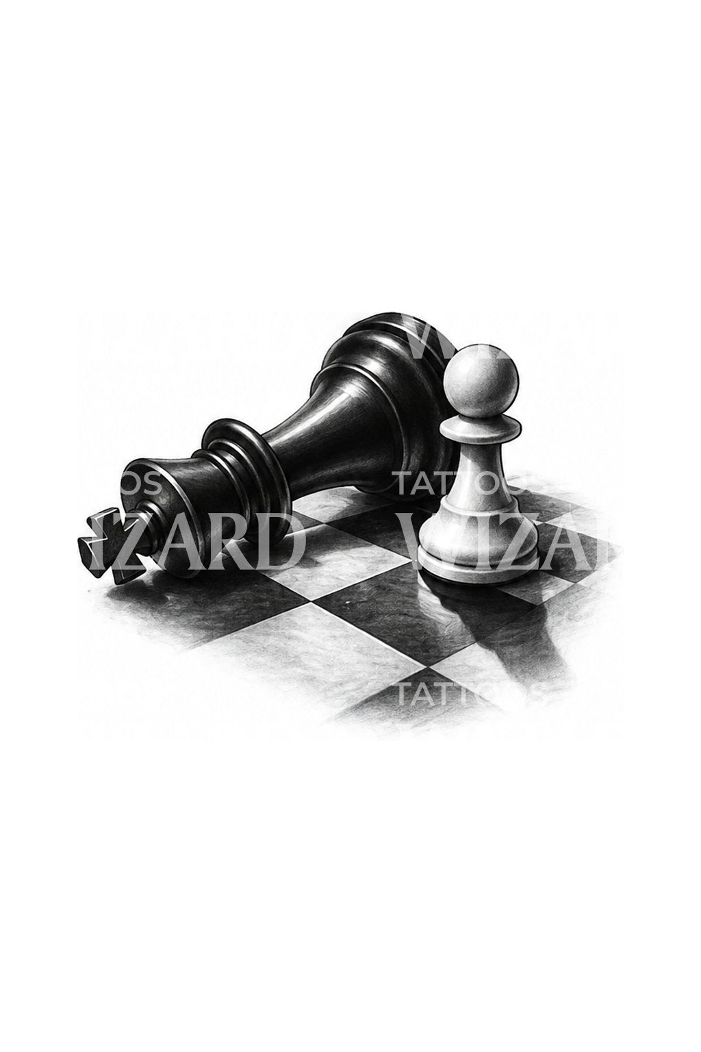 Ilustración de tatuaje de rey de ajedrez derribado junto a un peón