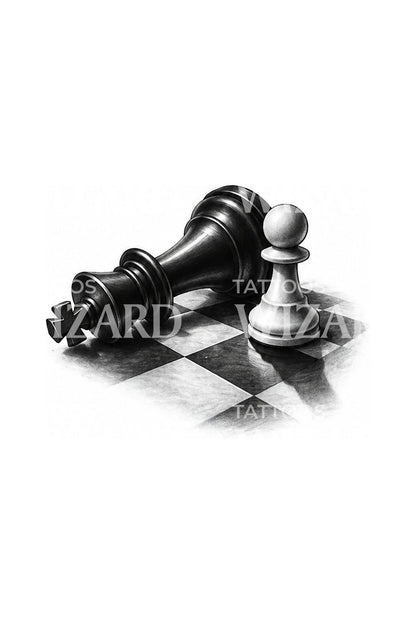 Ilustración de tatuaje de rey de ajedrez derribado junto a un peón