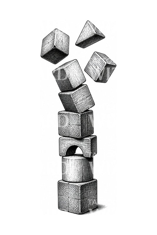 Tattoo-ontwerp van een omvallende toren van houten blokken