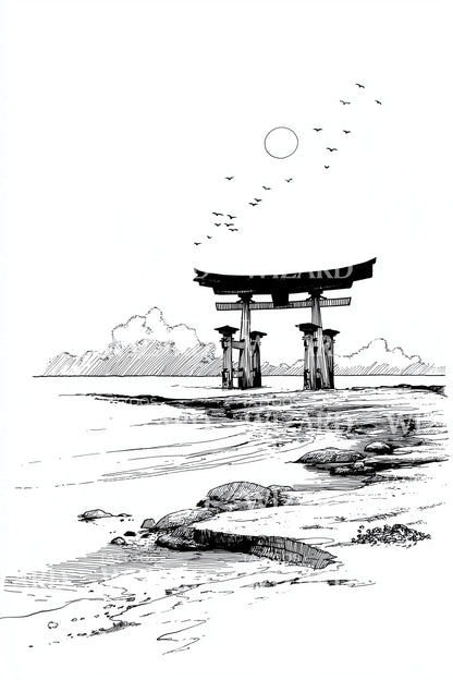 鸟居门风景纹身设计