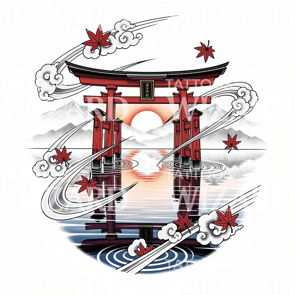 Desain tato gerbang torii saat matahari terbit