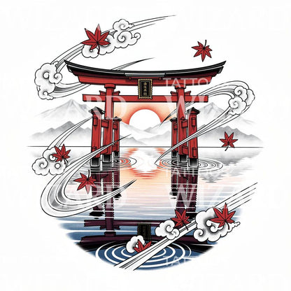 Desain tato gerbang torii saat matahari terbit