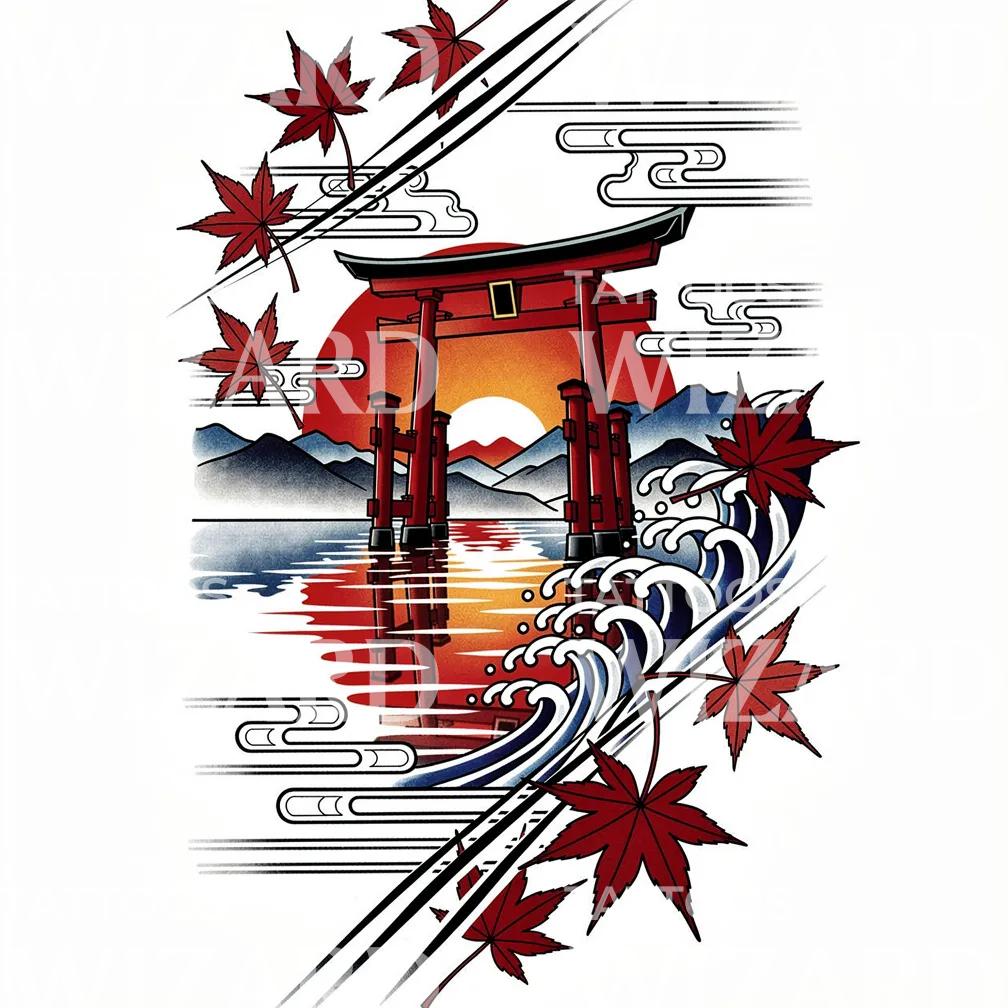 Torii Sunset Waves Tattoo Design