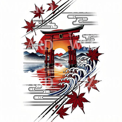 Torii Sunset Waves Tattoo Design