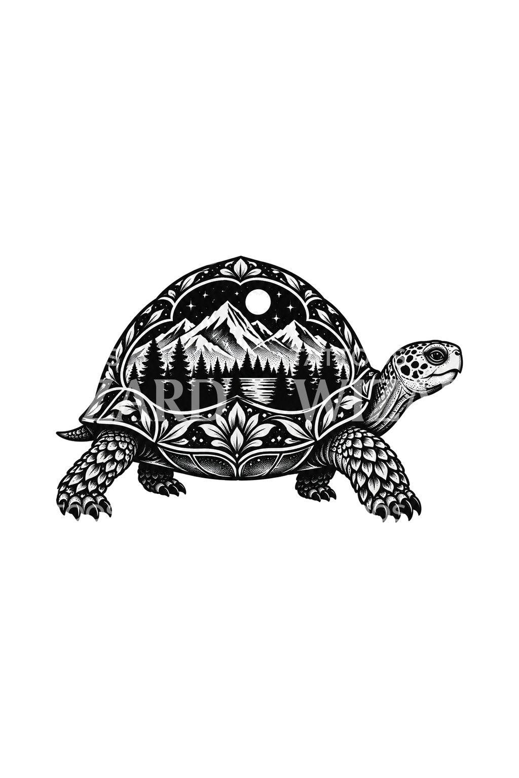 Tortoise Carrying Mountains on Its Shell Tattoo Design