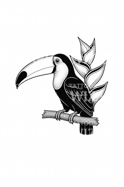 Toucan on Branch Blackwork Tattoo Illustration