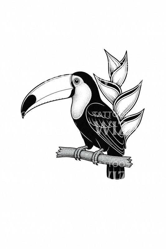 Toucan on Branch Blackwork Tattoo Illustration