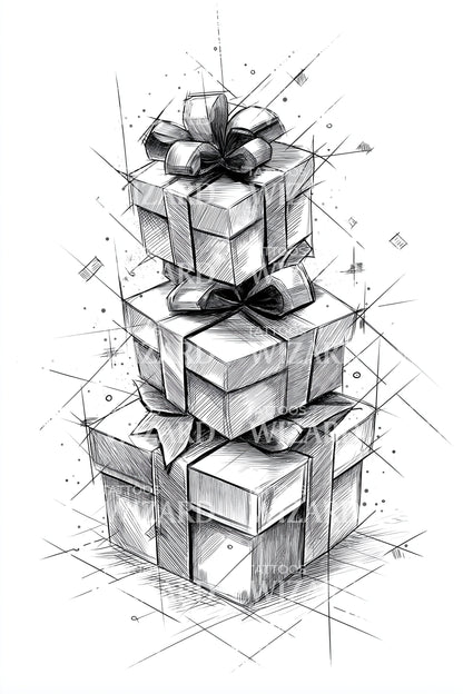 Tower of Wrapped Presents Tattoo Illustration