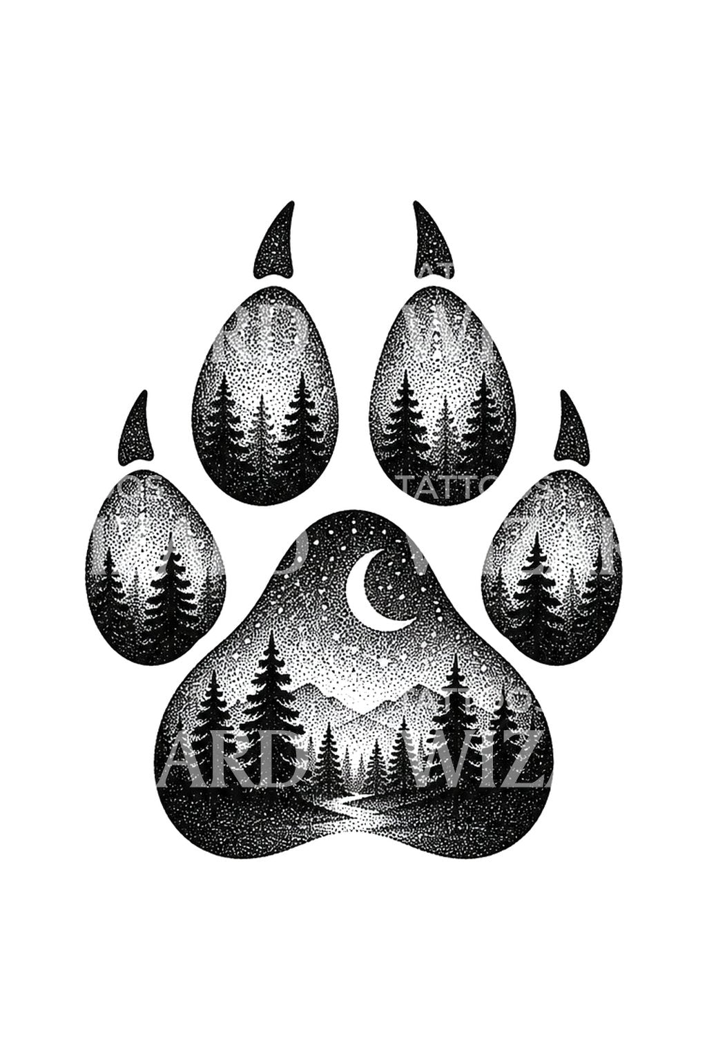 Stipple-tattoo-ontwerp van een pootafdruk in het bos op weg naar huis