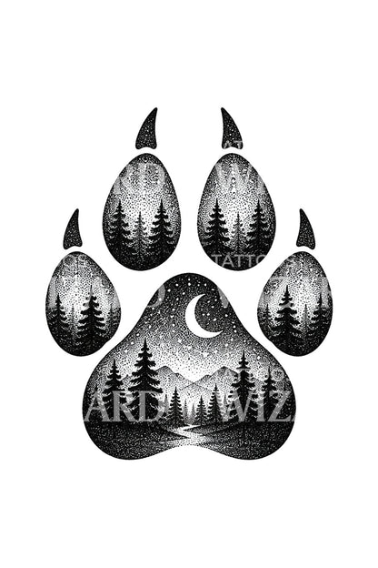 Stipple-tattoo-ontwerp van een pootafdruk in het bos op weg naar huis