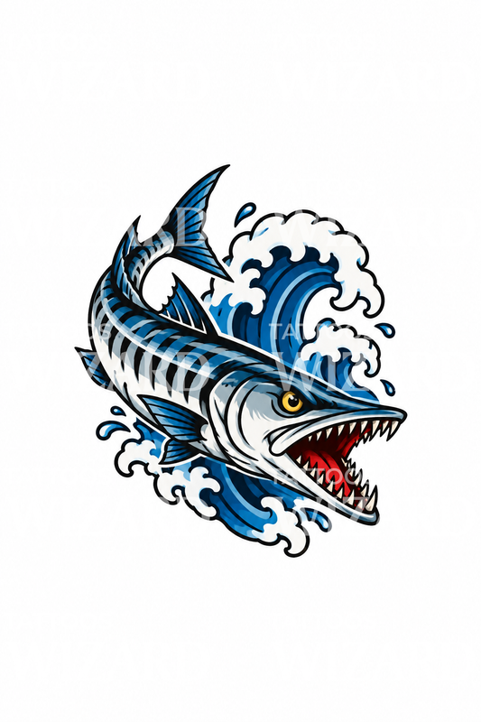 Traditional Barracuda with Ocean Wave Tattoo Design