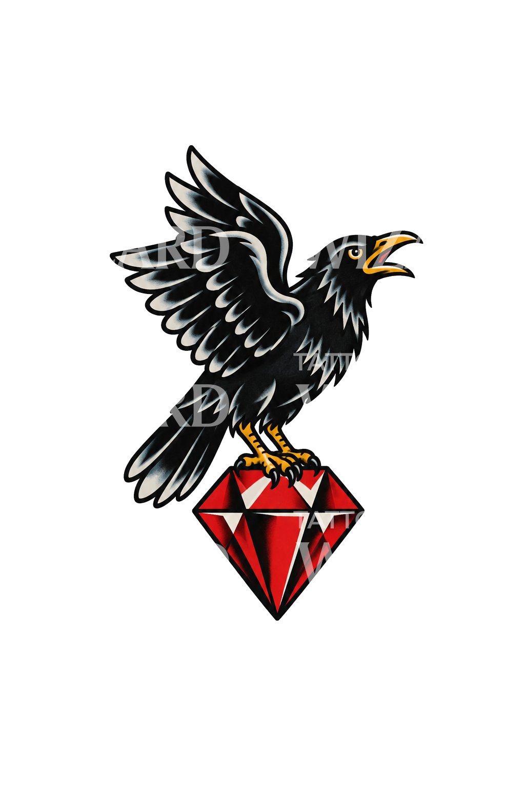 Traditionell tatuering med kråka på röd diamant