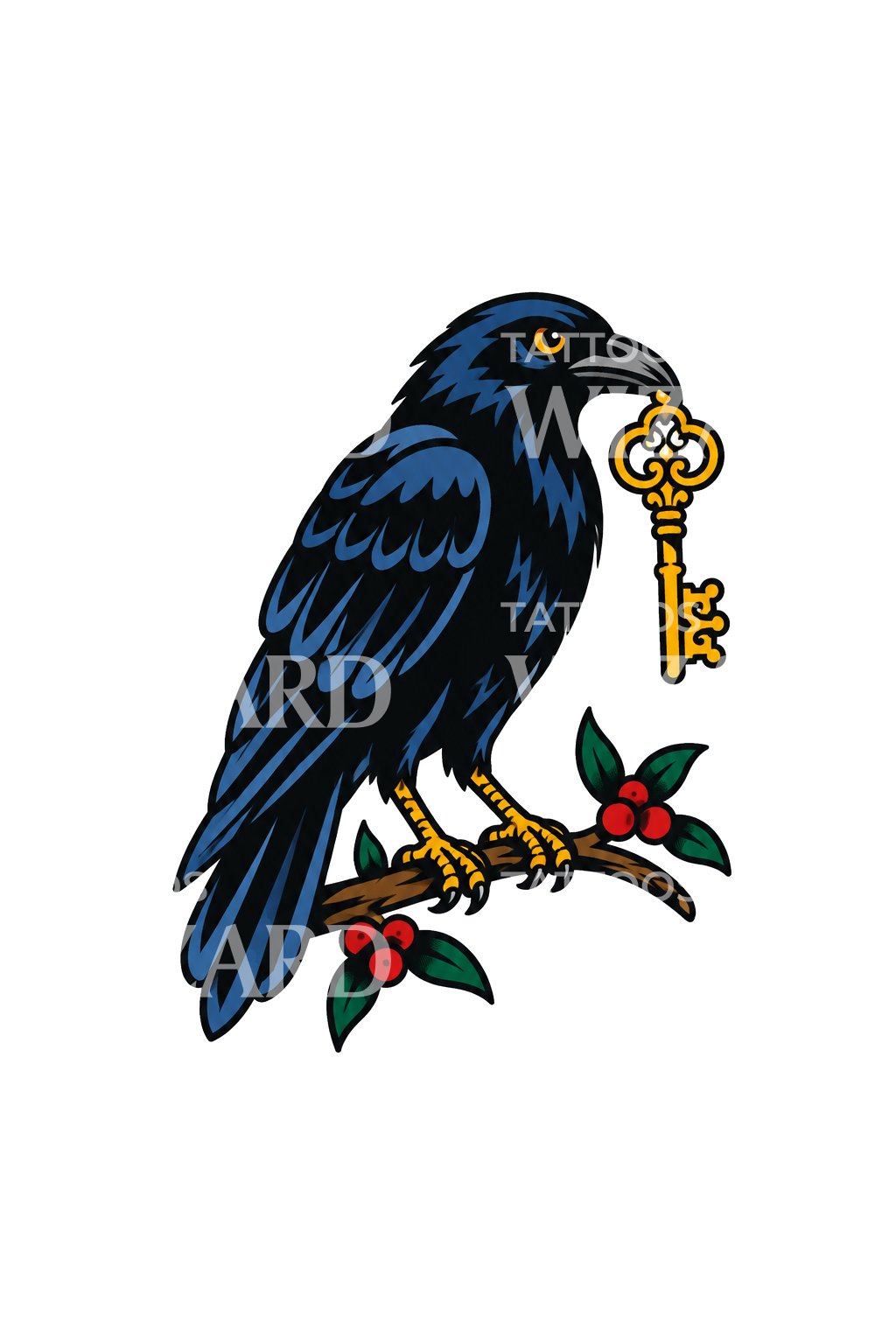 Traditional Crow with Gold Key and Berries Tattoo Design