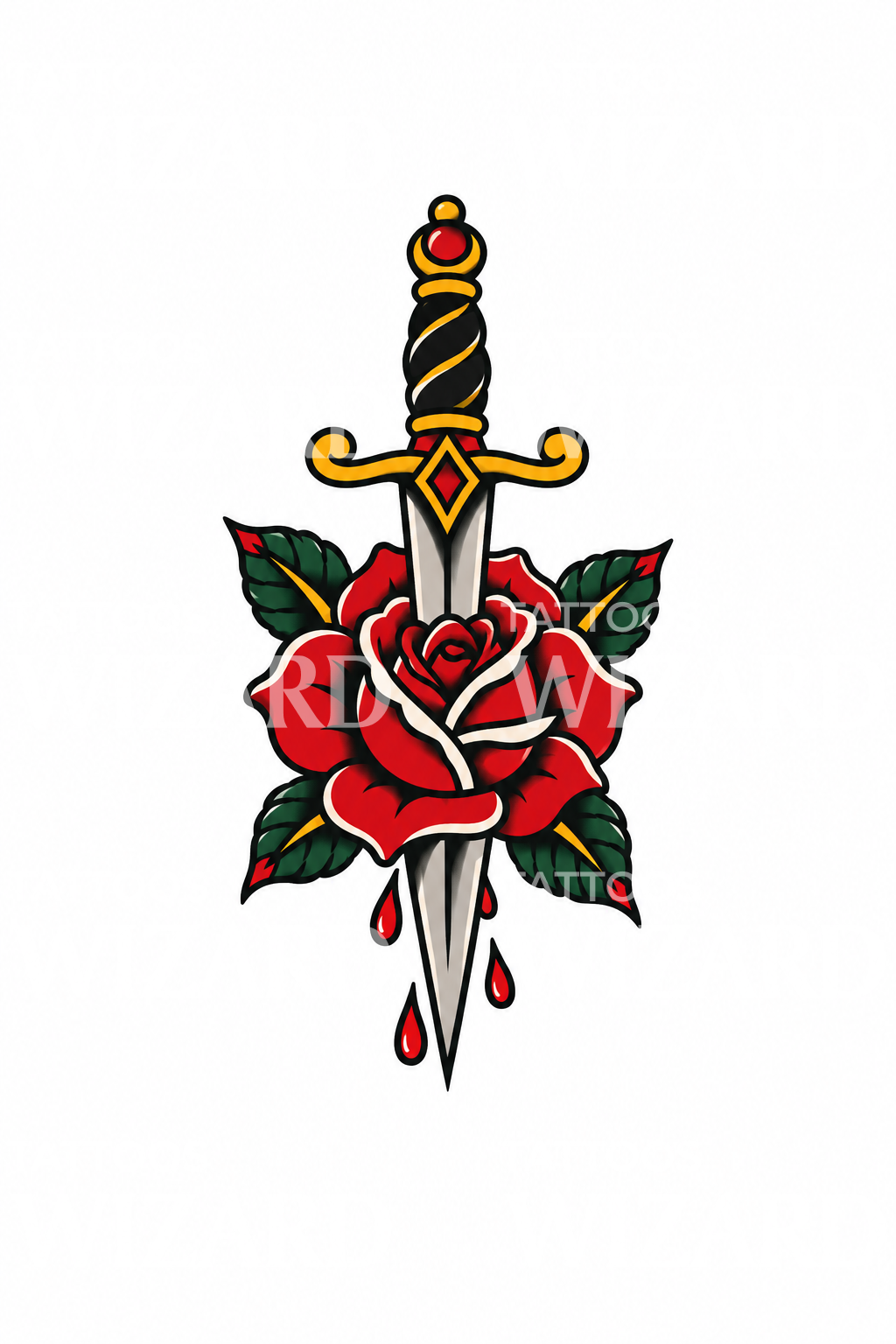 Traditioneller Dolch durch rote Rose im Old-School-Stil
