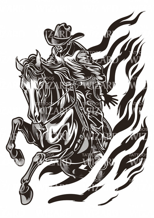 Traditional Dotwork Cowboy on Horse Tattoo Design