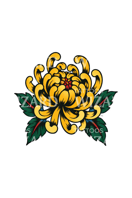 Traditional Golden Chrysanthemum Flash Tattoo Design