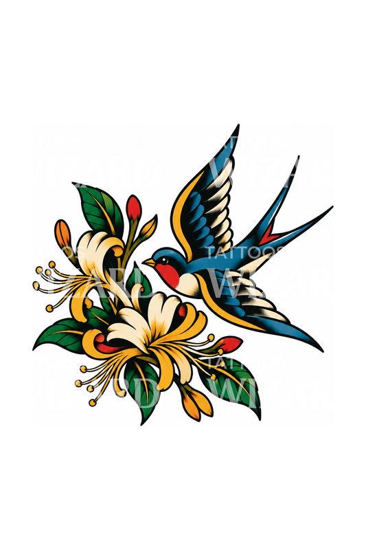 Traditionelt tatoveringsdesign med kaprifolie og svale