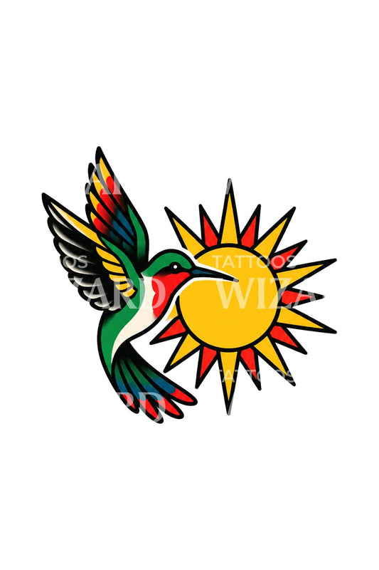 Traditional Hummingbird and Radiant Sun Tattoo Design