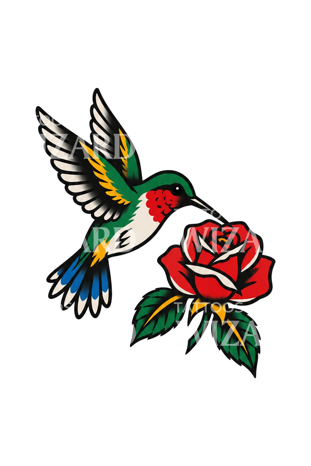 Hagyományos kolibri- és rózsatetoválás