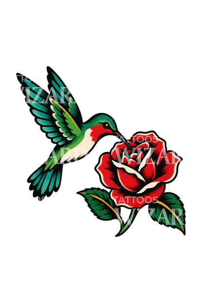 Traditionel tatovering af en kolibri, der drikker af en rose