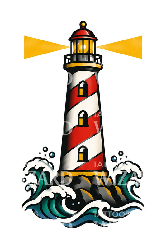 Traditional Lighthouse and Waves Tattoo Design