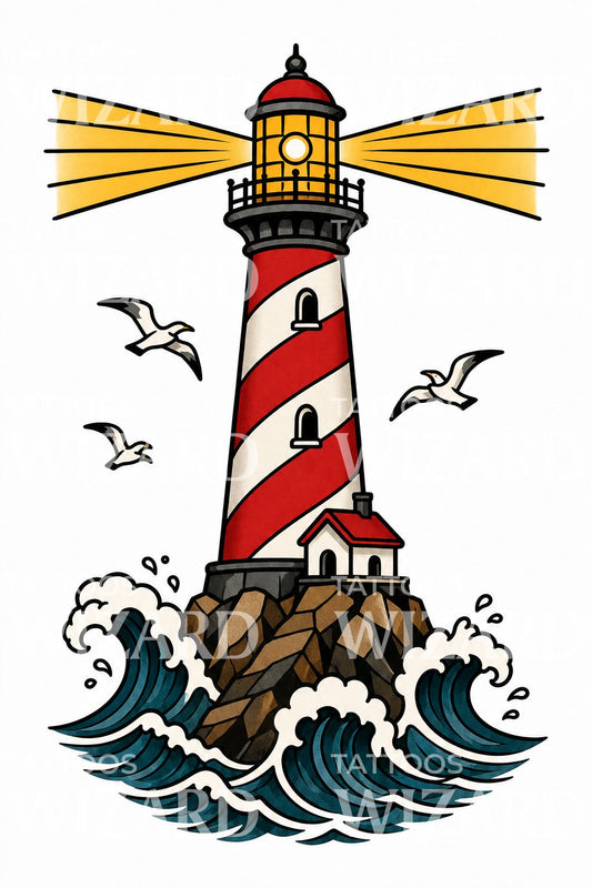 Traditionelles Leuchtturm-Tattoo-Design
