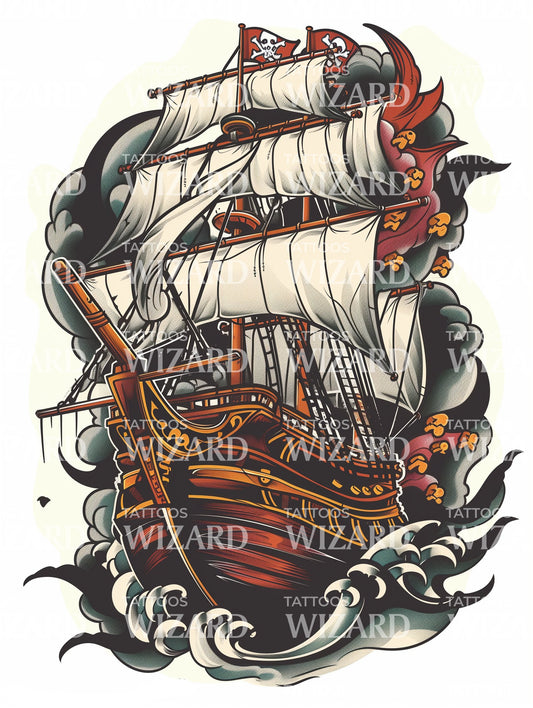 Traditional Pirate Ship Tattoo Idea