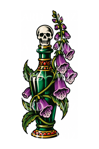 Tatuaje tradicional de frasco de veneno con dedalera y calavera