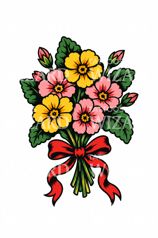 赤いリボンを添えた伝統的なプリムローズの花束タトゥー