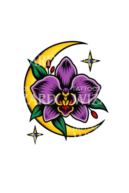 Traditioneel tattoo-ontwerp met paarse orchidee en wassende maan