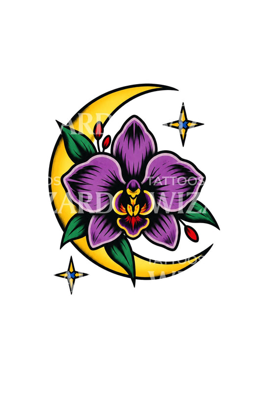 Traditioneel tattoo-ontwerp met paarse orchidee en wassende maan