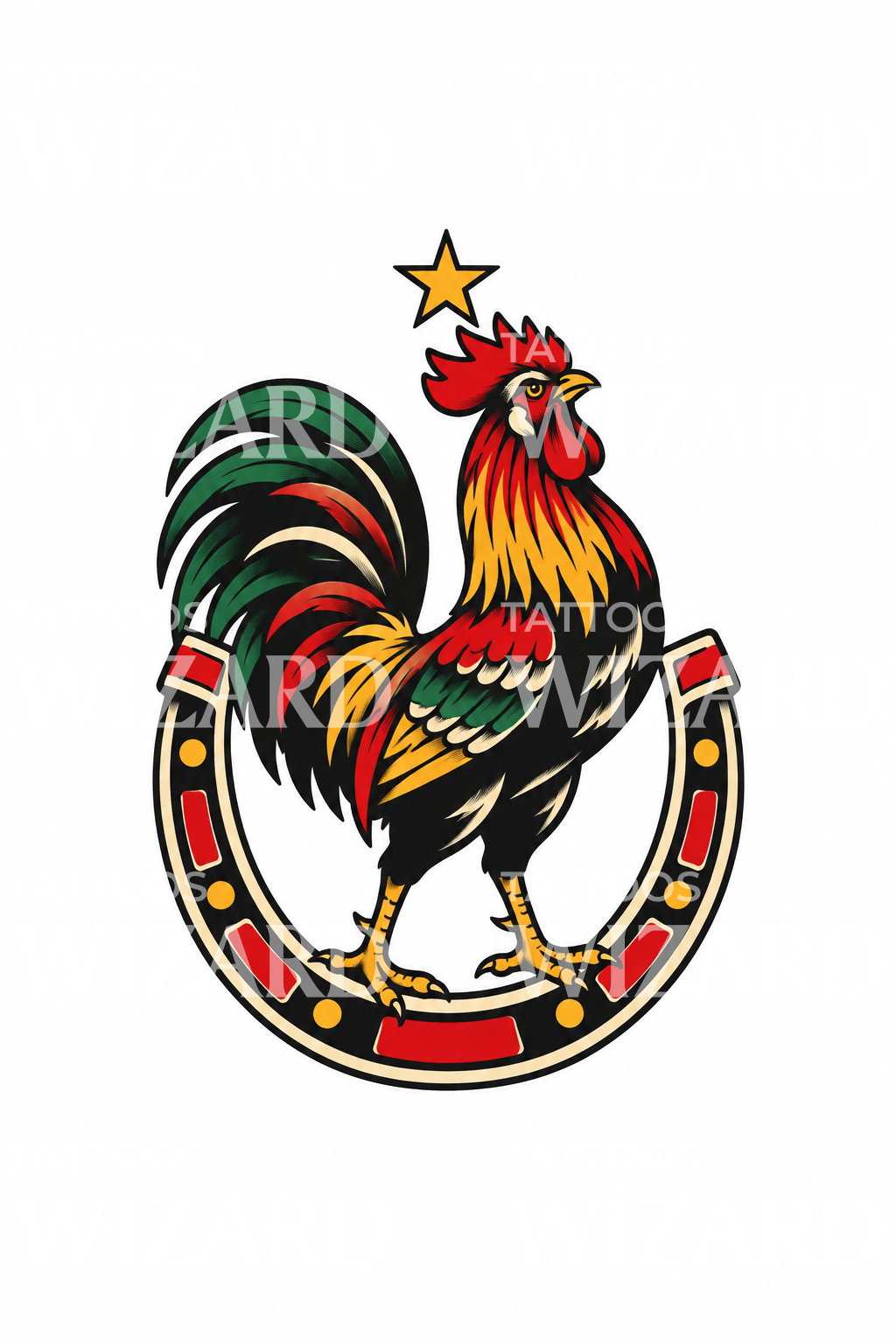 Tato ayam tradisional dalam tapal kuda keberuntungan dengan bintang