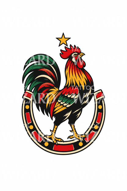 Tato ayam tradisional dalam tapal kuda keberuntungan dengan bintang