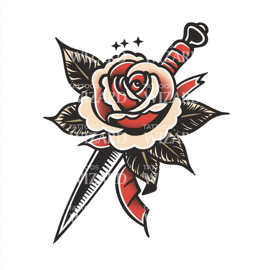 Traditional Rose Dagger Tattoo Design