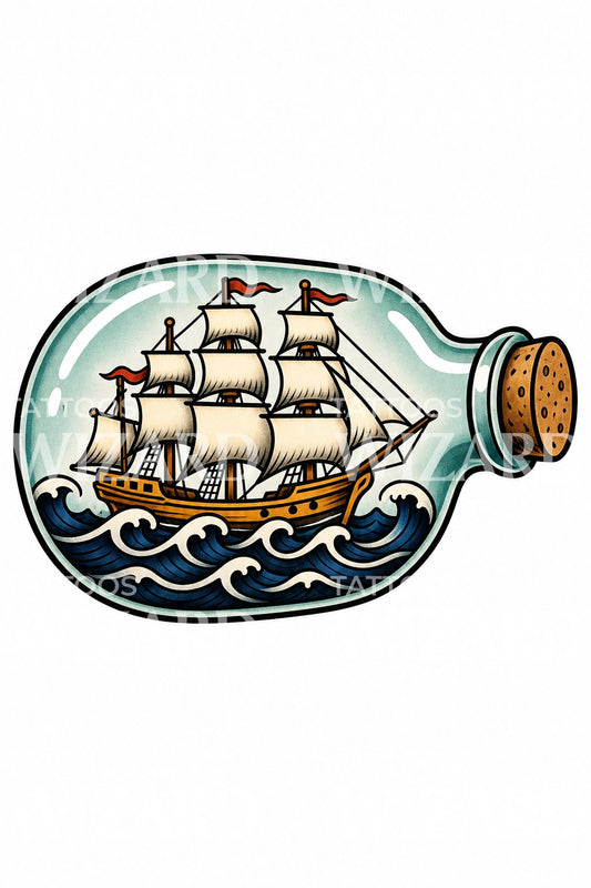 Traditionelles Tattoo-Design mit Schiff in der Flasche