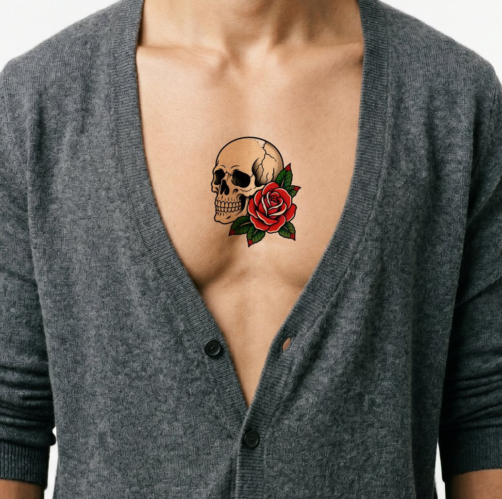 Traditional Skull and Rose Tattoo Design