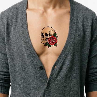 Traditional Skull and Rose Tattoo Design