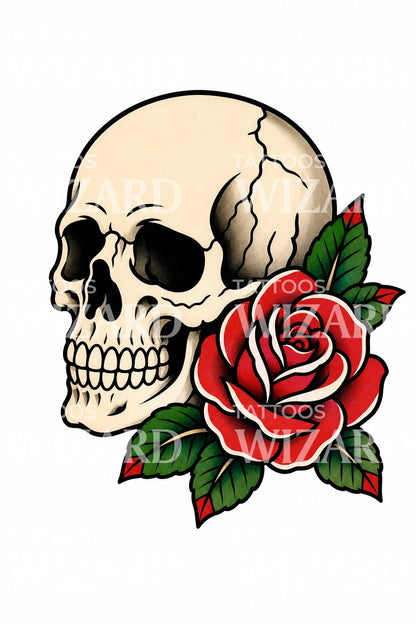 Traditional Skull and Rose Tattoo Design