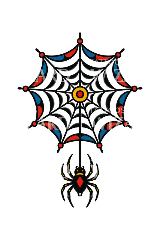 Traditional Spider Web with Dangling Spider Tattoo Idea