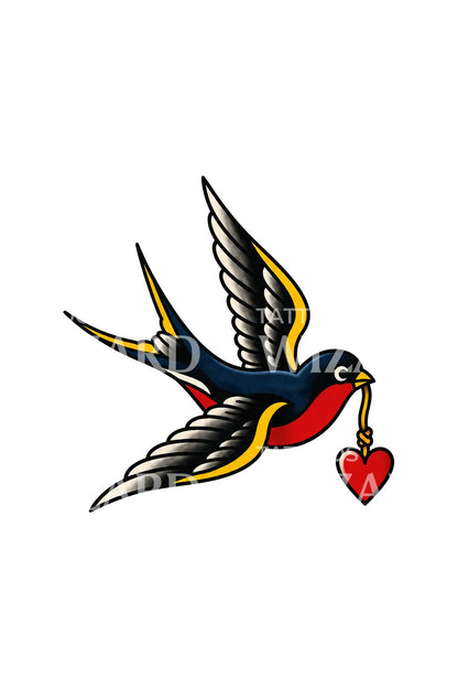 Desenho de tatuagem de andorinha tradicional com coração pendente